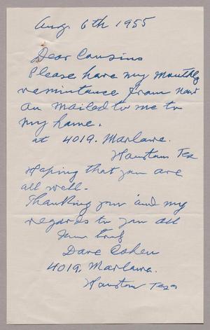 Primary view of object titled '[Letter from David Cohen to the Kempners, August 6, 1955]'.