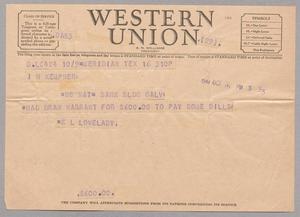 Primary view of object titled '[Telegram from Karl L. Lovelady to I. H. Kempner, October 16, 1944]'.