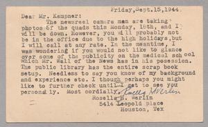 Primary view of object titled '[Post Card With Press Release from Rosella H. Werlin to Isaac H. Kempner, September 15, 1944]'.