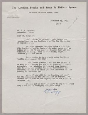 Primary view of object titled '[Letter from Kelley M. Fogg to Mr. I. H. Kempner, November 15, 1955]'.