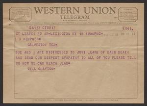 [Telegram from Will Clayton to I. H. Kempner Regarding Dan's Death - October 18, 1956]