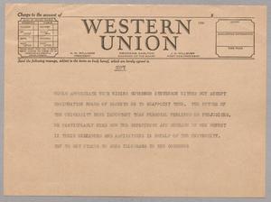 Primary view of object titled '[Copy of Telegram from Isaac H. Kempner to Frank K. Stevens, November 3, 1944]'.