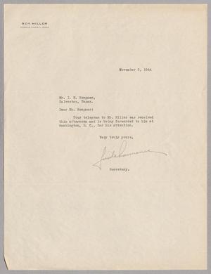 [Letter from Roy Miller to Isaac H. Kempner , November 3, 1944]