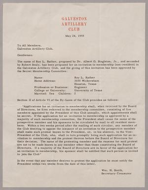 [Letter from the Galveston Artillery Club, May 24, 1955]