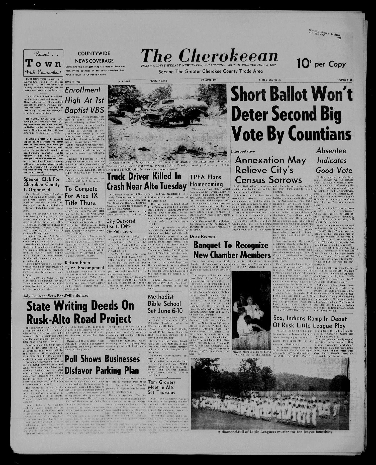 The Cherokeean. (Rusk, Tex.), Vol. 112, No. 50, Ed. 1 Thursday, June 2, 1960
                                                
                                                    [Sequence #]: 1 of 24
                                                