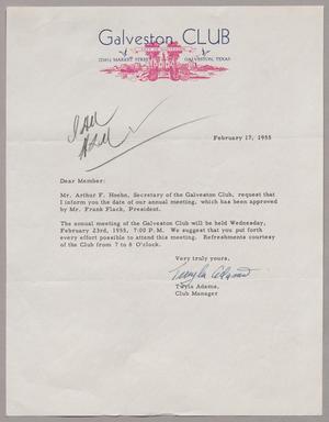 [Letter from Galveston Club, February 17, 1955]