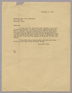 [Letter from I. H. Kempner to Galveston Water Works Department, September 17, 1954]