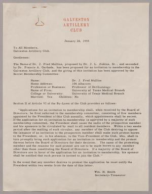 [Letter from the Galveston Artillery Club, January 28, 1955]