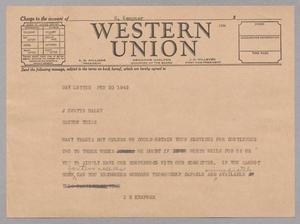 [Telegram from Isaac H. Kempner to J. Evetts Haley, February 20, 1945]