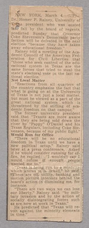[Clipping: Dr. Homer P. Rainey Predicted That Governor Coke Stevenson's Democratic Party Faction Will Be Defeated..]