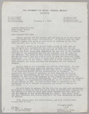 [Letter from Chauncey D. Leake to Jimmy Phillips, February 17, 1949]