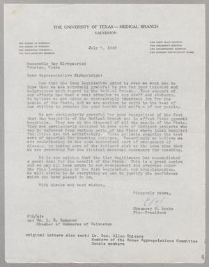 Primary view of object titled '[Letter from  Chauncey D. Leake to Ray Kirkpatrick, July 7, 1949]'.