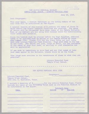 [Letter from the Temple B'nai Israel Library Memorial Fund, July 16, 1956]
