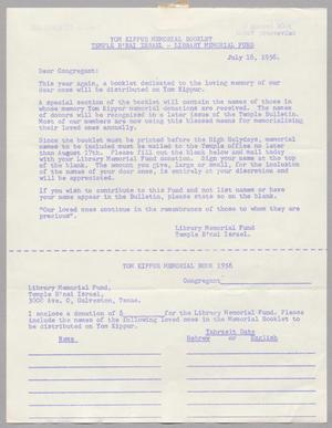 [Letter from Temple B'nai Israel Library Memorial Fund to D. W. Kempner, July 16, 1956]