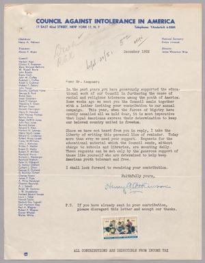 [Letter from Henry A. Atkinson to D. W. Kempner, December, 1952]