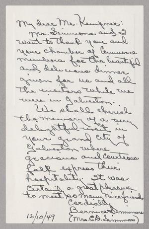 [Letter from Bernice Simmons to I. H. Kempner, December 10, 1949]
