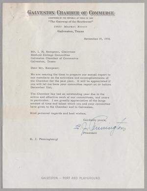 [Letter from E. J. Pennington to Isaac H. Kempner, November 19, 1956]