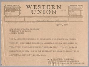 [Telegram from I. H. Kempner to Dr. Logan Wilson, July 7, 1956