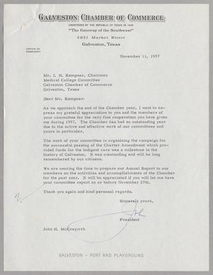 Primary view of object titled '[Letter from John H. McCray to I. H. Kempner, November 11, 1957]'.