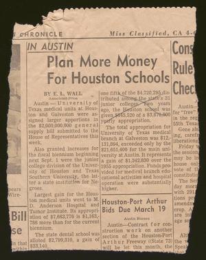 Primary view of object titled '[Clipping: Plan More Money For Houston Schools]'.