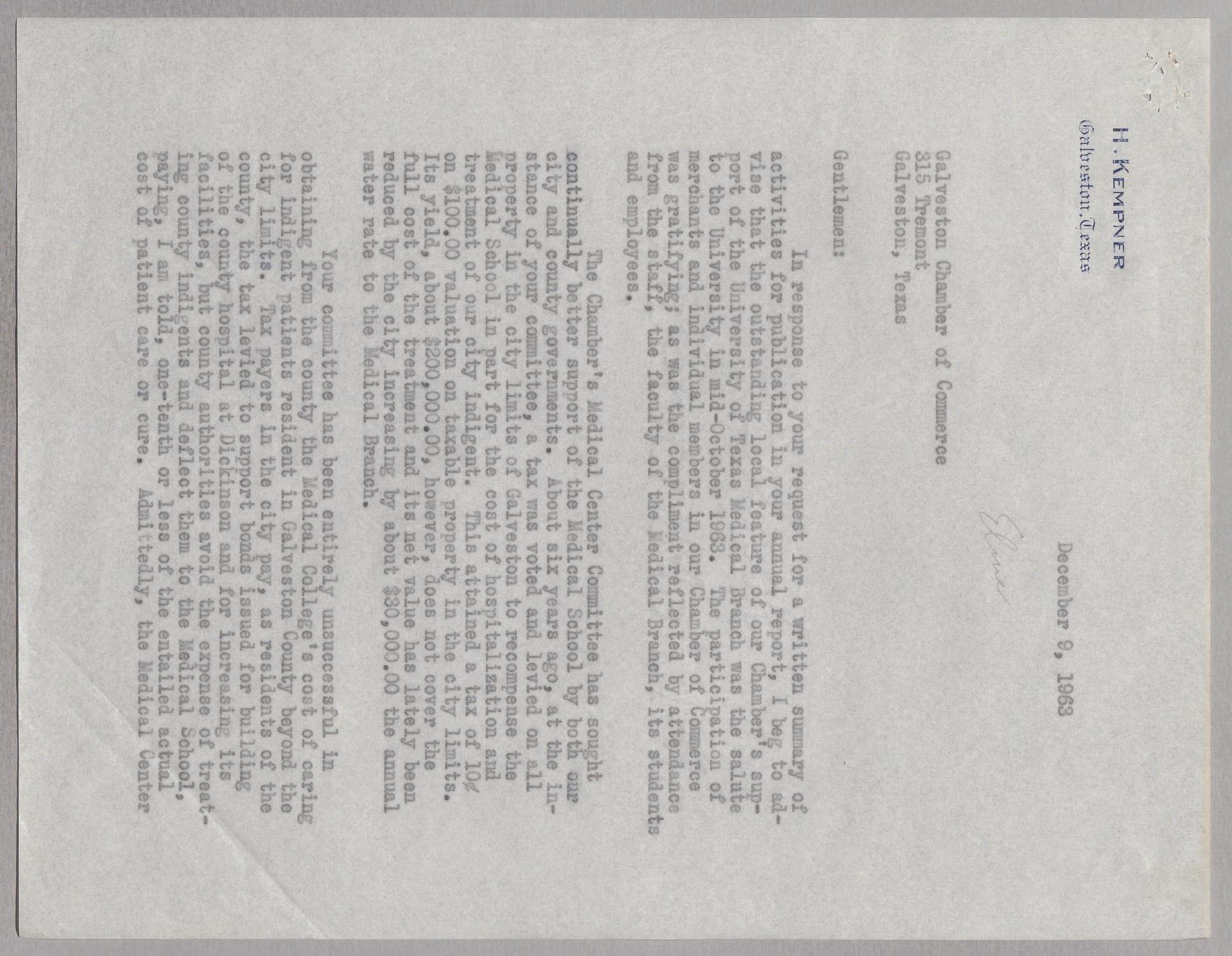[Two copies of a Letter from I. H. Kempner to Galveston Chamber of Commerce, December 9, 1963]
                                                
                                                    [Sequence #]: 5 of 8
                                                