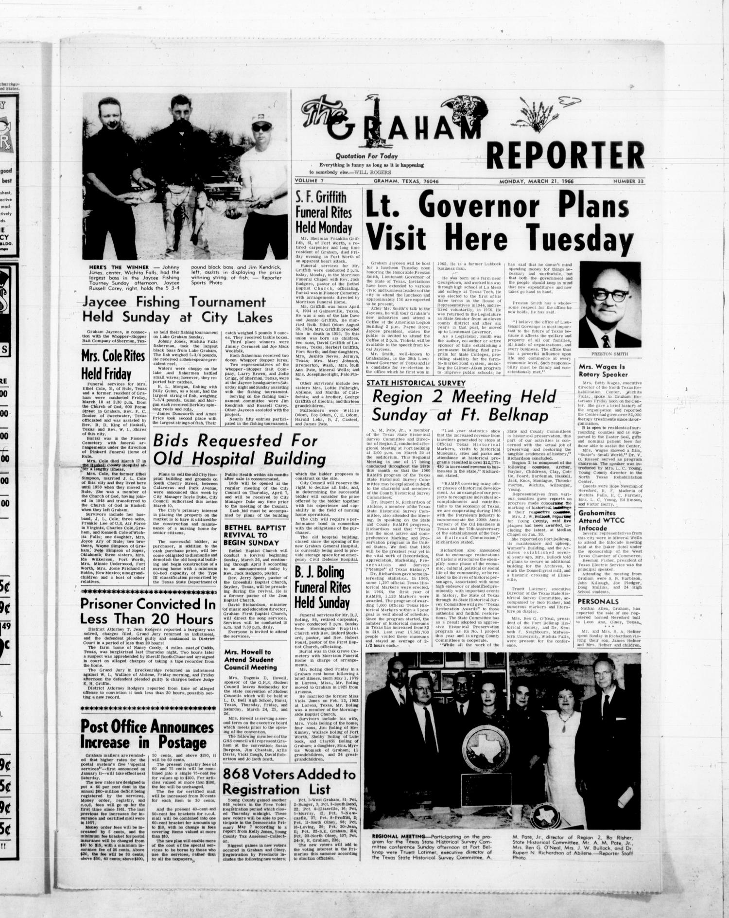 The Graham Reporter (Graham, Tex.), Vol. 7, No. 33, Ed. 1 Monday, March 21, 1966
                                                
                                                    [Sequence #]: 1 of 8
                                                