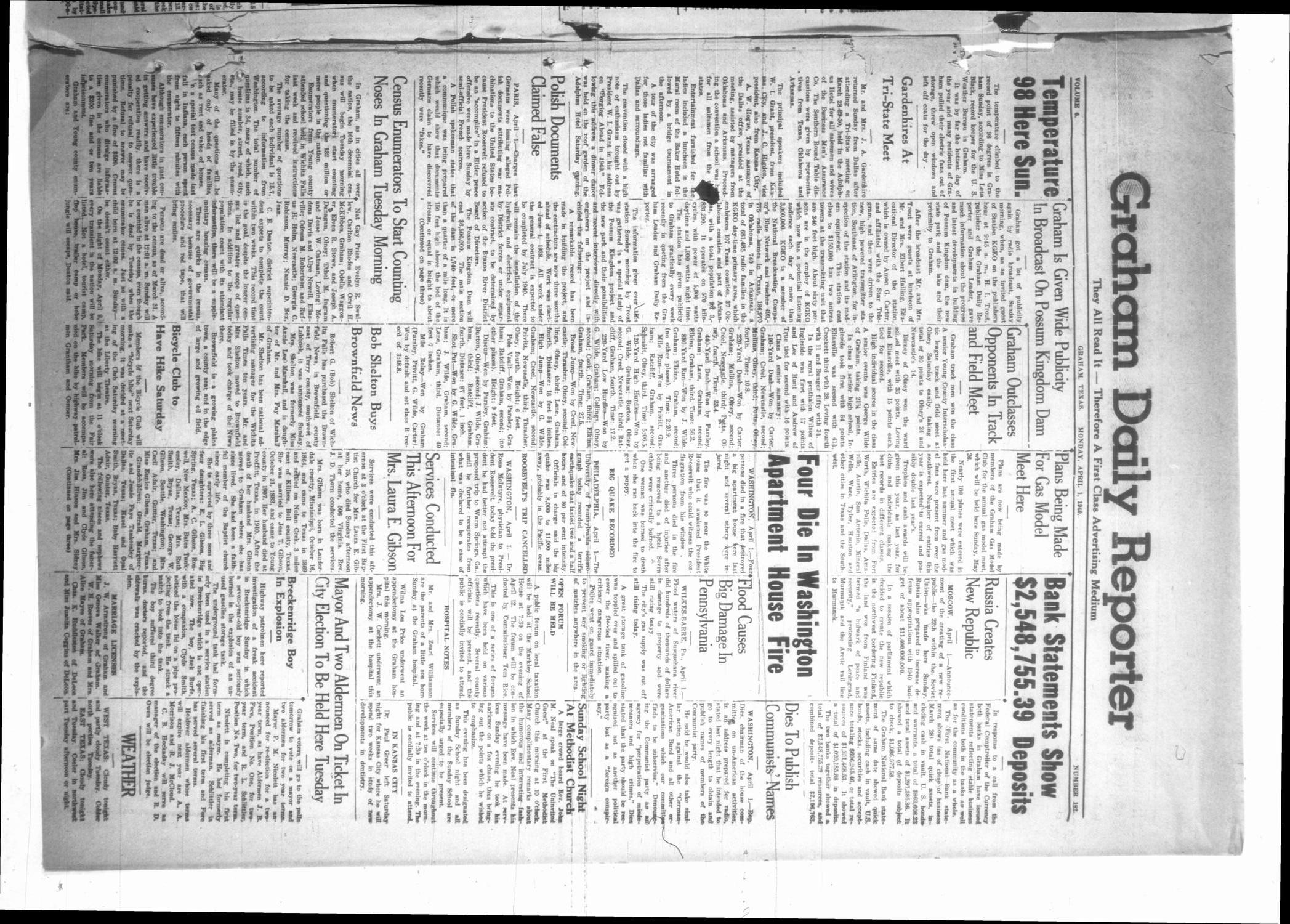 Graham Daily Reporter (Graham, Tex.), Vol. 6, No. 182, Ed. 1 Monday, April 1, 1940
                                                
                                                    [Sequence #]: 1 of 4
                                                