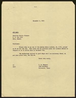 Primary view of object titled '[Letter from I. H. Kempner to Hawaiian Exotic Flowers, December 3, 1955]'.