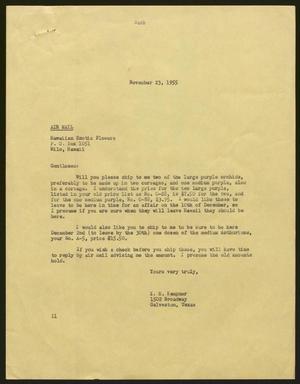 Primary view of object titled '[Letter from Isaac H. Kempner to Hawaiian Exotic Flowers, November 23, 1955]'.