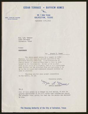 [Letter from Mrs. Thelman Moore to I. H. Kempner, September 15, 1955]