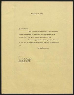 [Letter from I. H. Kempner to Mrs. Loula Harriss, February 21, 1955]