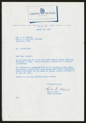 [Letter from Ruth G. Mims to Mrs. I. H. Kempner, August 30, 1955]