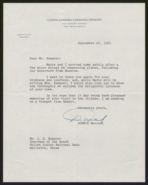 [Letter from Donald Maclean to I. H. Kempner, September 27, 1955]