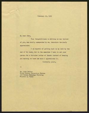 [Letter from I. H. Kempner to John Morhan, February 21, 1955]