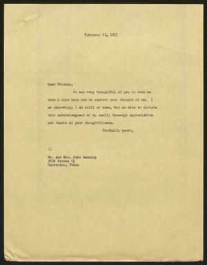 [Letter from I. H. Kempner to Elise and John Manning, February 21, 1955]