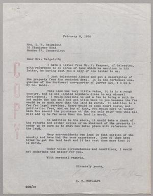 [Letter from H. O. Metcalfe to Mrs. D. E. Reigeluth, February 9, 1955]