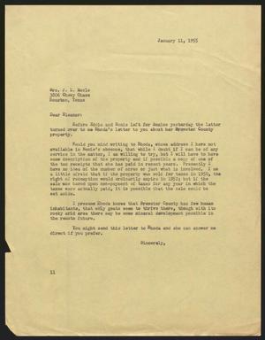Primary view of object titled '[Letter from I. H. Kempner to Mrs. J. L. Mosle, January 11, 1955]'.