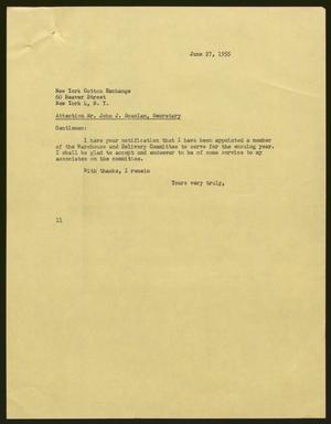 [Letter from I. H. Kempner to New York Cotton Exchange, June 27, 1955]