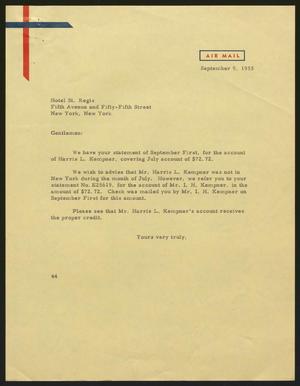 [Letter from A. H. Blackshear, Jr.  to Hotel St. Regis, September 9, 1955]