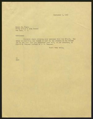 [Letter from I. H. Kempner to Hotel St. Regis, September 1, 1955]