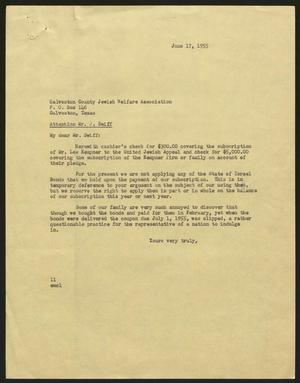 [Letter from I. H. Kempner to Galveston County Jewish Welfare Association, June 17, 1955]