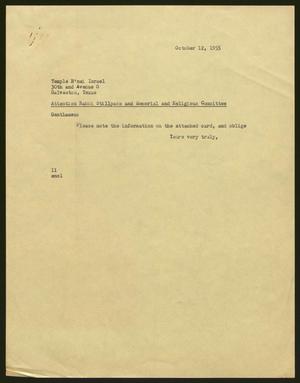 [Letter from Isaac Herbert Kempner to Temple B'nai Israel, October 12, 1955]