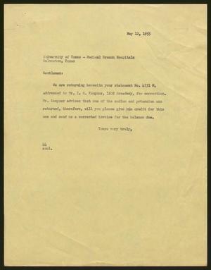 [Letter from A. H. Blackshear, Jr. to University of Texas - Medical Branch Hospitals, May 12, 1955]