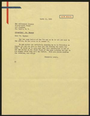 [Letter from Harris Leon Kempner to The Adirondack Company, April 11, 1955]