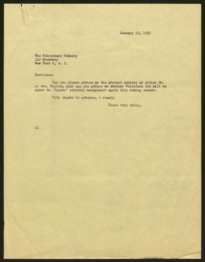 [Letter from Isaac Herbert Kempner to The Adirondack Company, January 18, 1955]