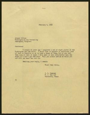 Primary view of object titled '[Letter from I. H. Kempner to Alumni Office, February 8, 1955]'.