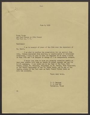 [Letter from I. H. Kempner to the Hotel Drake - June 2, 1956]
