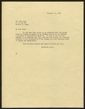 [Letter from I. H. Kempner to Mr. Mose Feld - November 23, 1956]