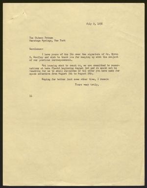 Primary view of object titled '[Letter from I. H. Kempner to The Gideon Putnam - July 9, 1956]'.