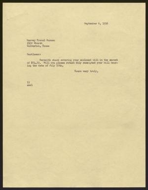 [Letter from Isaac Herbert Kempner to Harvey Travel Bureau, September 6, 1956]